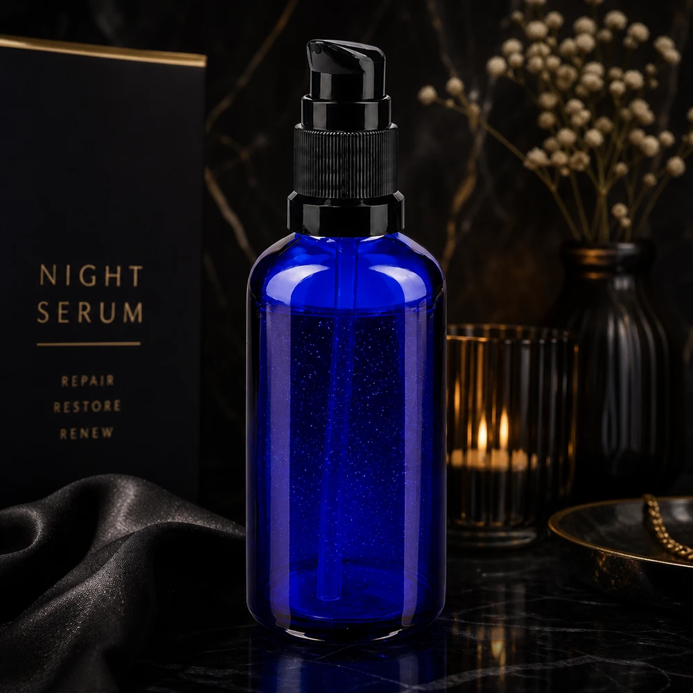 Flacon en verre bleu STD de 50 ml avec pompe noire, destiné aux formulations cosmétiques haut de gamme