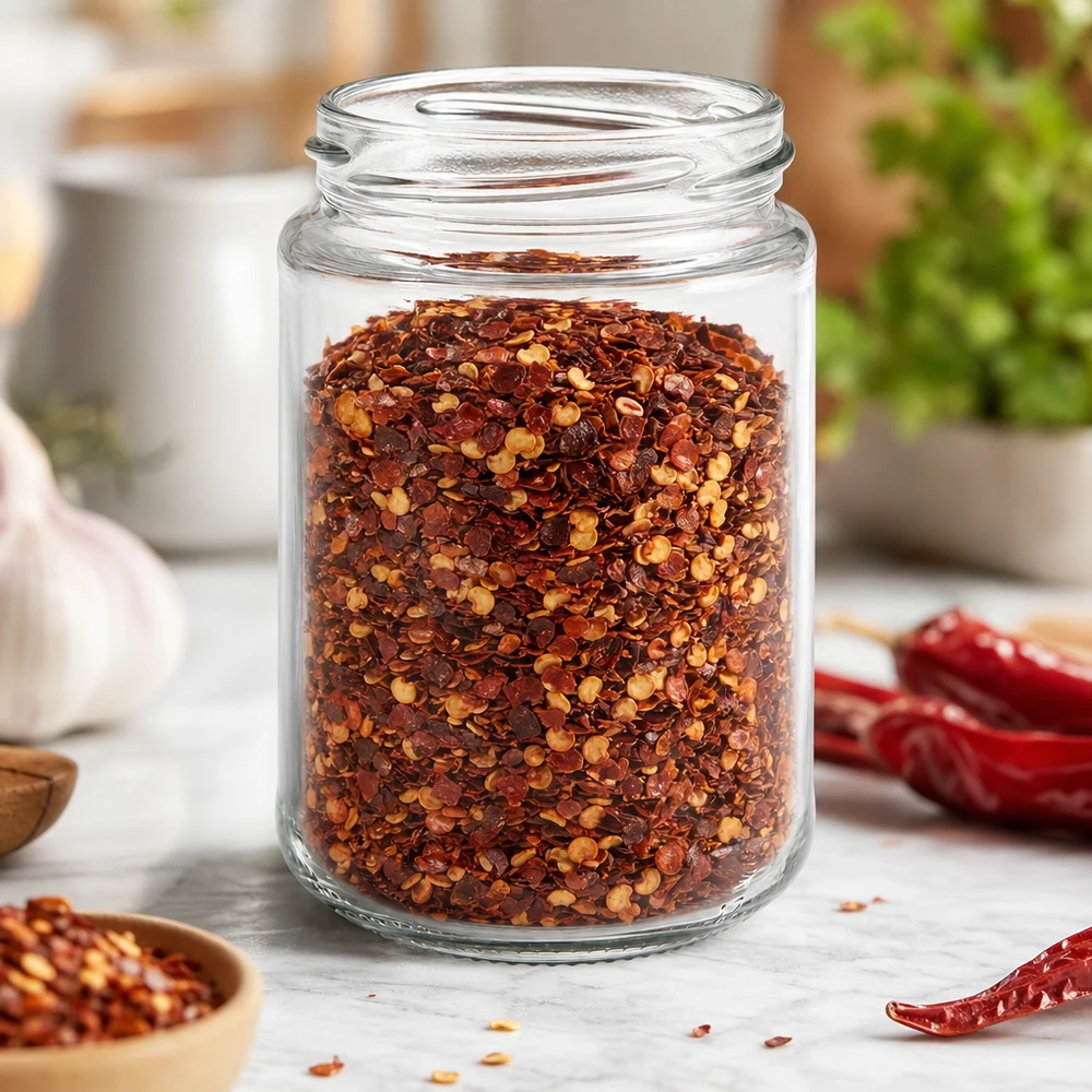 UNiTWIST Runda390 Bocal rond 390ml TO70 rempli de mélange d'épices au chili dans la cuisine avec des piments rouges