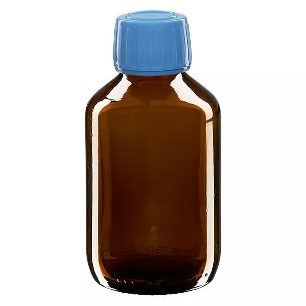 Flacon médical 150 ml couleur ambrée avec bouchon bleue Flacon médical 150 ml couleur ambrée avec bouchon bleue