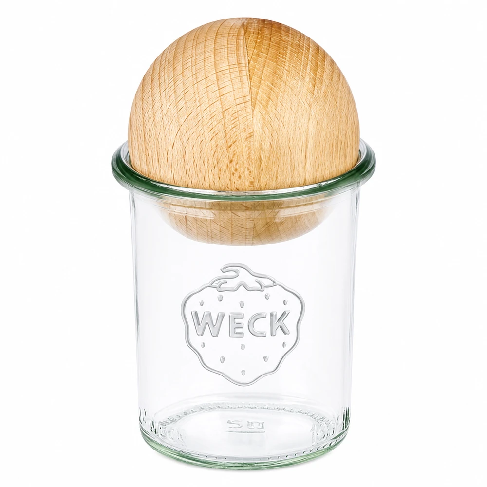 160ml bocal conique WECK RR60 avec boule en bois en hêtre 160ml WECK Pot renversé RR60 avec boule en bois de hêtre comme couvercle, pot de conserve transparent avec fermeture en bois