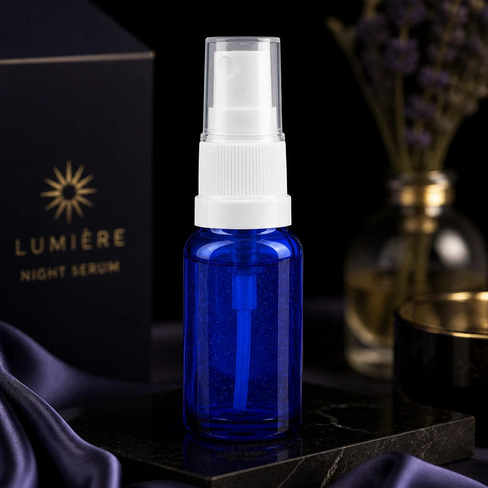 Flacon de pharmacie bleu 10ml embout spray blanc Flacon de pharmacie bleu compact de 10 ml avec vaporisateur, idéal pour les sérums de nuit et les produits de soin