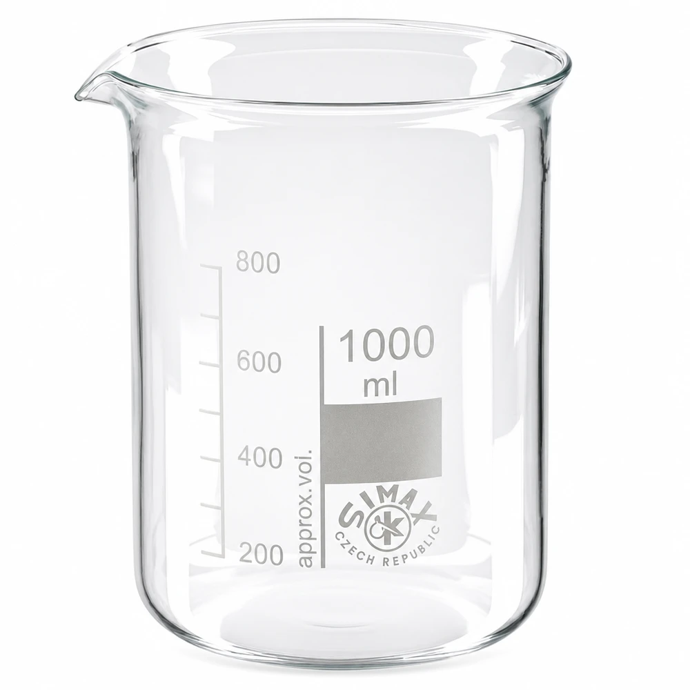 Bécher 1000ml en verre borosilicate résistant à la chaleur (forme basse) Bécher de forme basse 1000ml en verre borosilicaté avec bec verseur pour des travaux de laboratoire précis