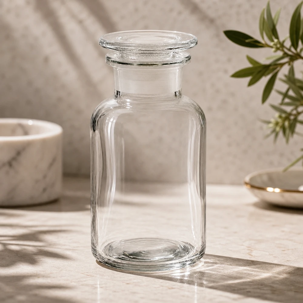 Flacon pharmaceutique 250 ml col large + bouchon verre clair Flacon de conservation transparent de 250 ml à col large, muni d'un bouchon en verre, en verre borosilicaté de haute qualité