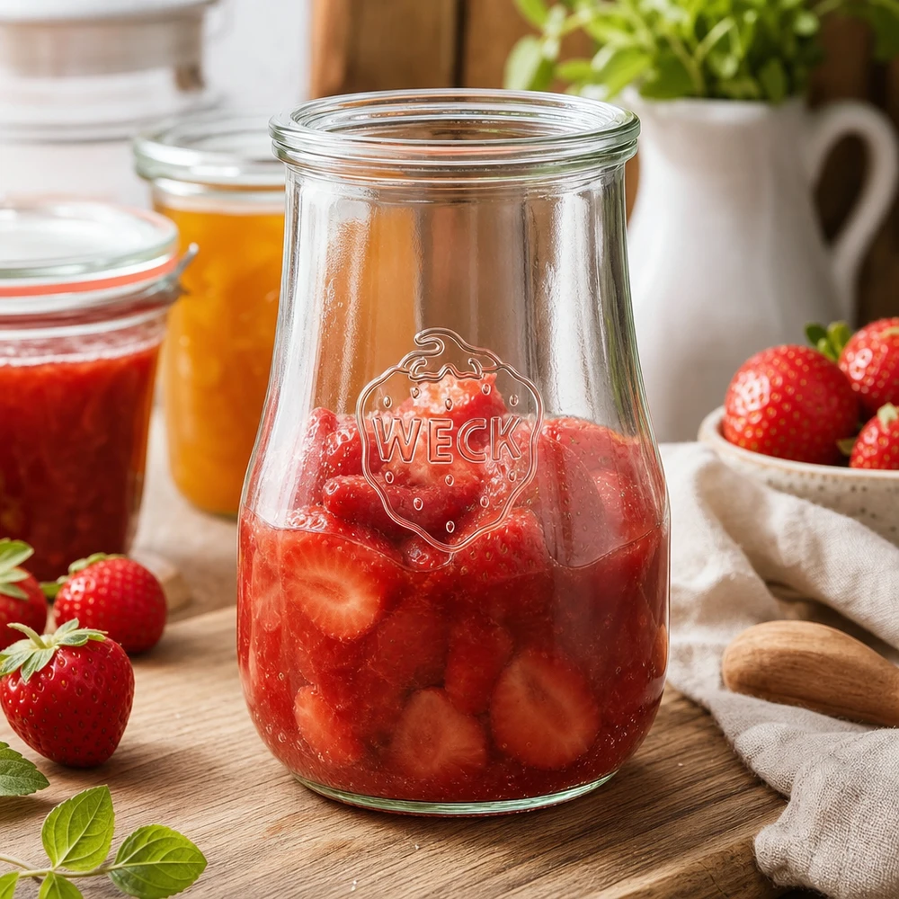 WECK Bocal de 1750ml rempli de confiture de fraises dans la cuisine avec des fraises fraîches et autres bocaux