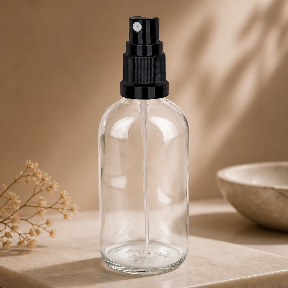 Flacon pulvérisateur en verre transparent de 100 ml, muni d'une buse à fine brume noire, posé sur un socle en marbre clair