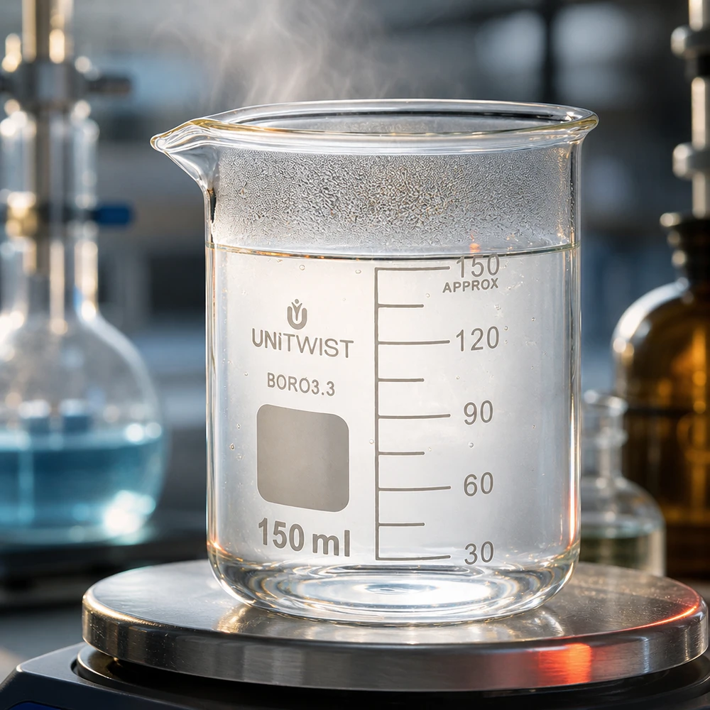 Bécher 150ml borosilicate, forme basse UNiTwist Bécher de 150 ml UNiTwist, forme basse, en borosilicate 3.3, sur socle métallique, destiné à un usage en laboratoire