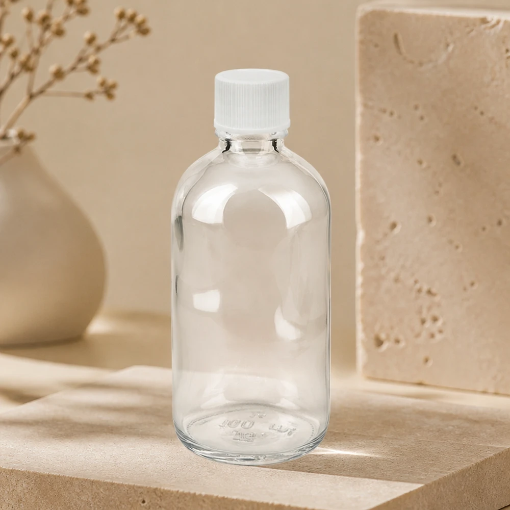 Flacon de pharmacie vide de 100 ml, en verre transparent, avec bouchon à vis blanc, STD ClearLine, emballage pharmaceutique