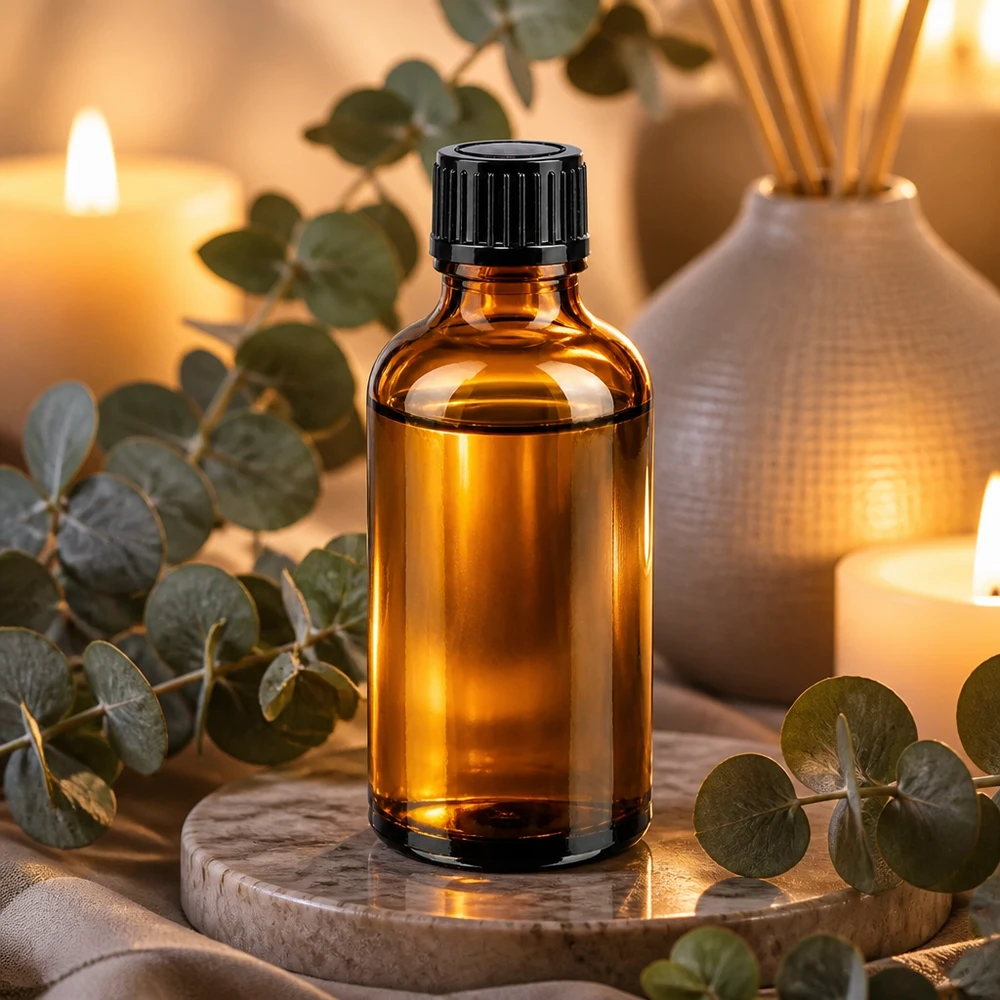 Flacon de pharmacie marron de 50 ml avec bouchon noir de 11 mm, dans une ambiance bien-être « marbre »
