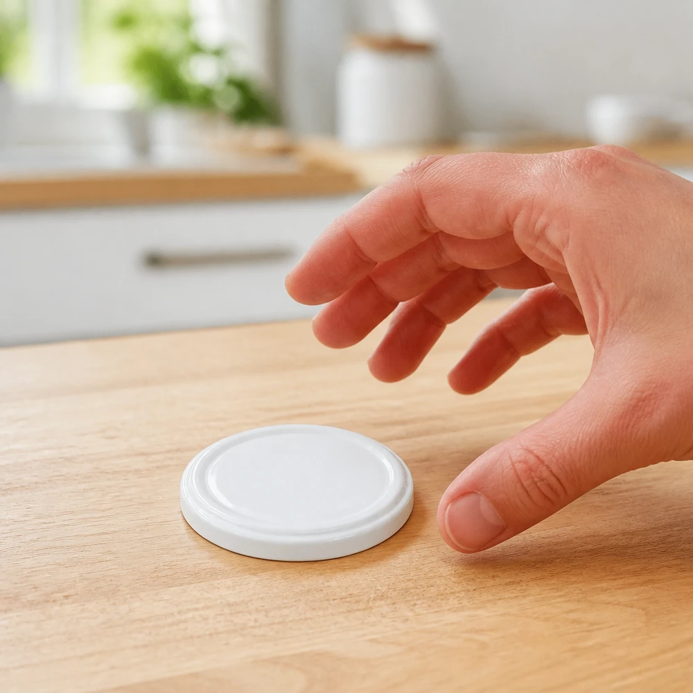 Le couvercle « twist-off » blanc UNiTWIST TO66, sans BPA, est retiré à la main de la table