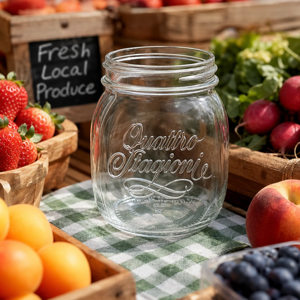 Verre de ménage Quattro Stagioni 700ml sur nappe à carreaux entouré de fruits et légumes frais dans des caisses en bois