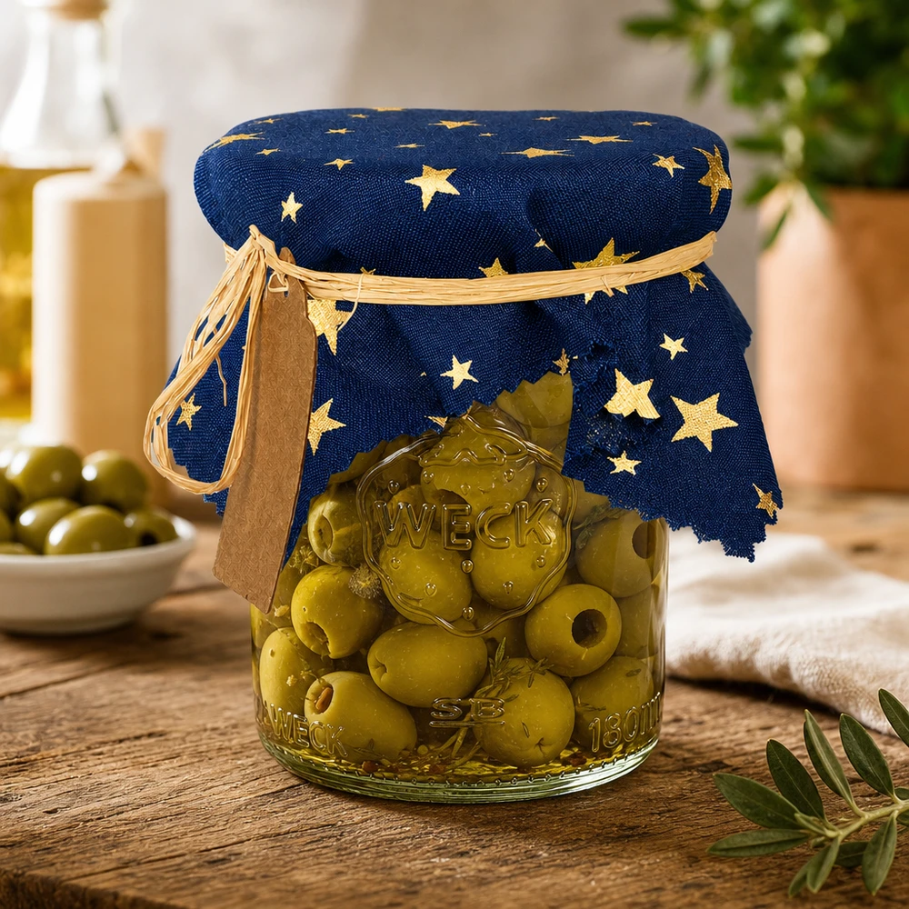 Couvercle décoratif avec motif d'étoiles sur verre à olives dans la cuisine - Couvercle en tissu bleu 15cm carré
