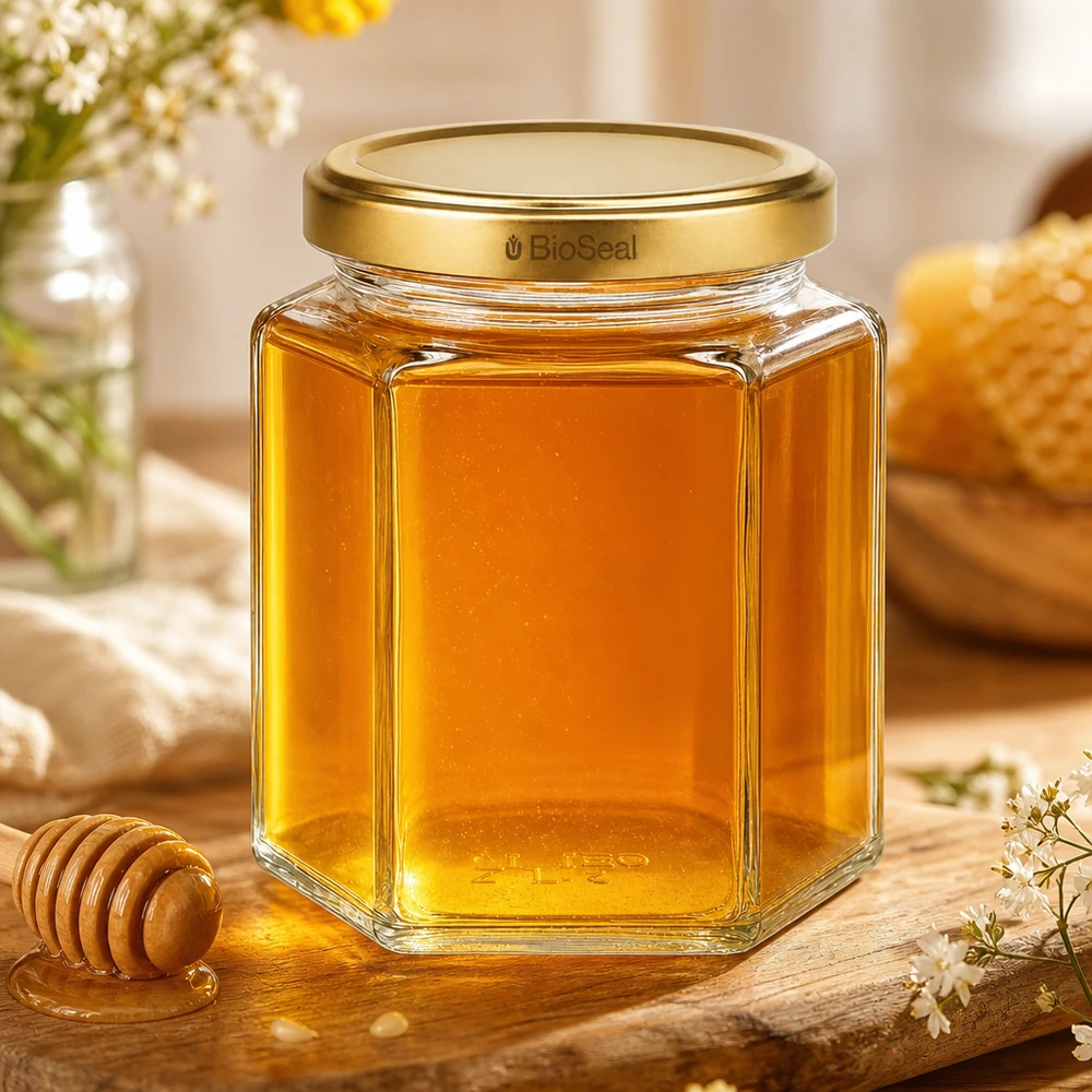 390ml Verre hexagonal avec couvercle BioSeal or UNiTWIST UNiTWIST Hexa390 Pot de miel avec couvercle TO70 BioSeal doré à côté du rayon de miel et de la cuillère à miel sur une table en bois