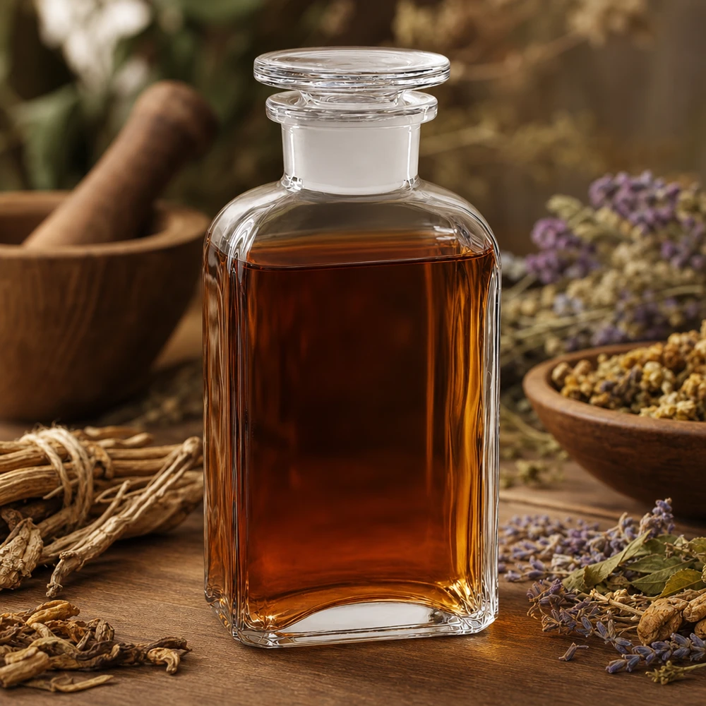 Bouteille carrée 250ml claire Bouchon en verre à col large Bouteille en verre carrée de 250 ml avec bouchon plat pour teintures à base de plantes, posée sur une table en bois rustique