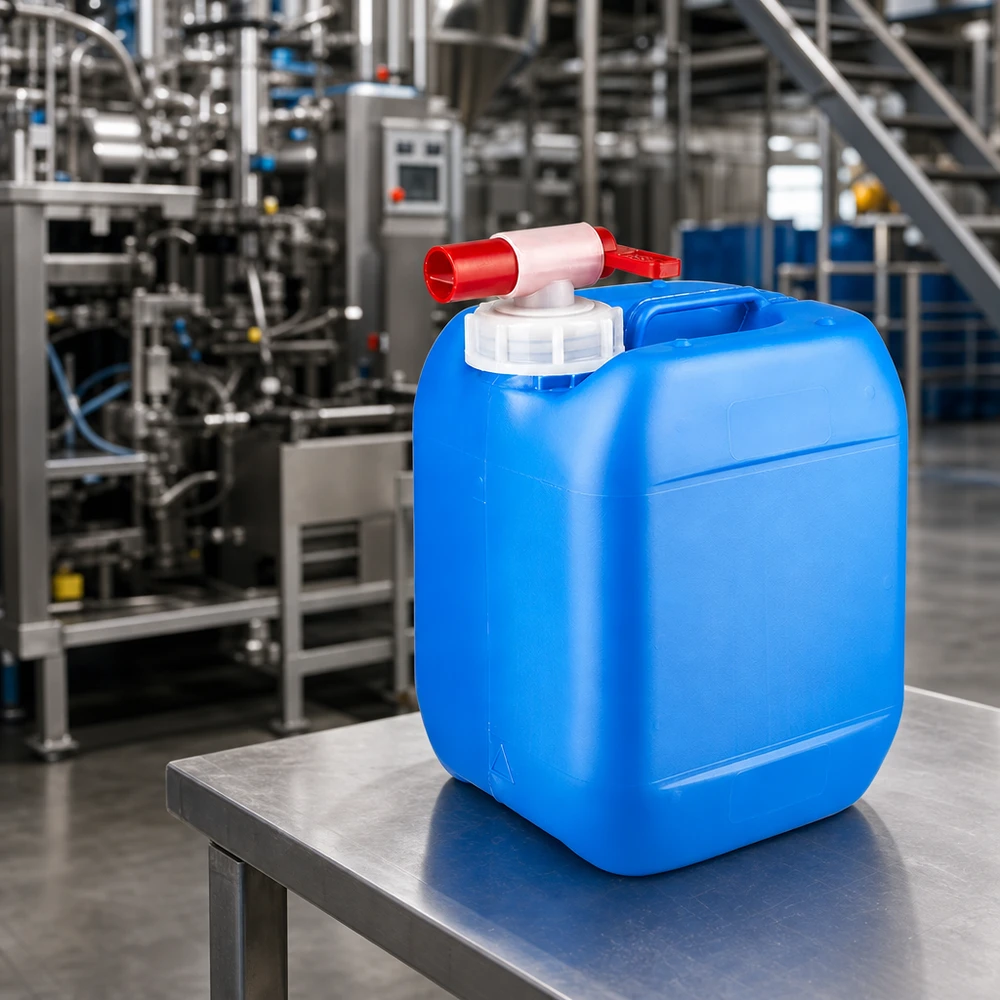 Bidon 5 litres bleu avec robinet Bidon bleu en PEHD de 5 litres avec robinet de vidange, destiné aux liquides chimiques dans le secteur industriel