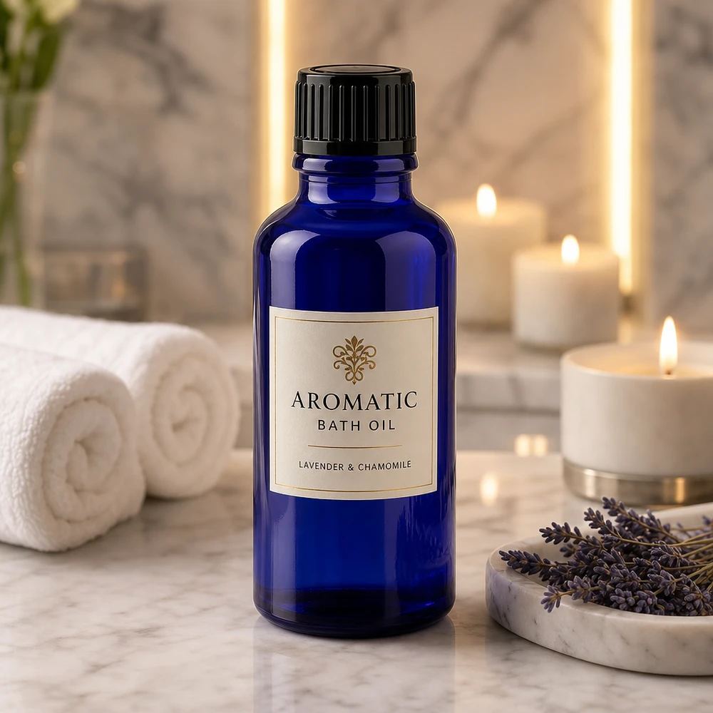 Petit flacon en verre bleu de 30 ml avec bouchon doseur de 1 mm pour huiles essentielles et produits pour le bain