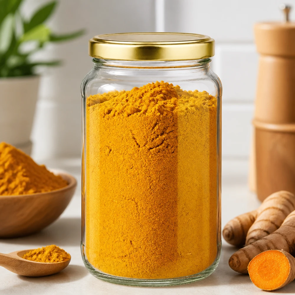 1700ml Verre rond avec couvercle BasicSeal or UNiTWIST Bocal rond de 1700 ml avec couvercle doré BasicSeal rempli de poudre de curcuma montre une utilisation pratique en cuisine
