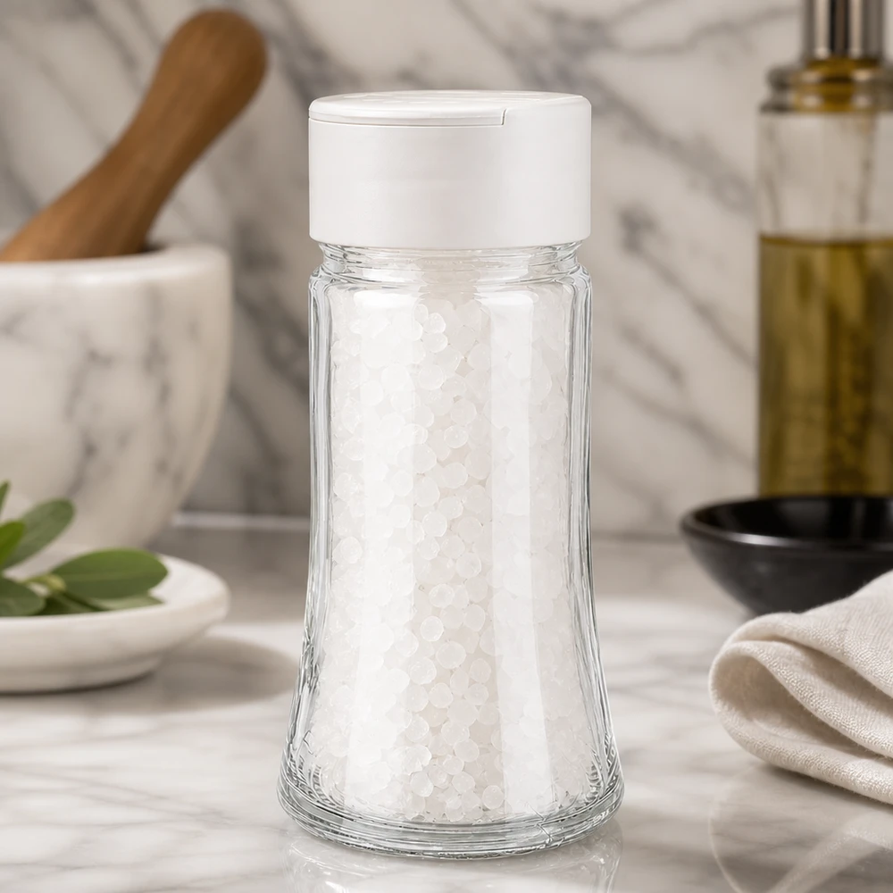 Pot à sel/épices 95 ml avec double saupoudreuse, blanc Pot à sel et épices de 95 ml avec double saupoudreuse blanche, rempli de gros sel de mer, sur un socle en marbre