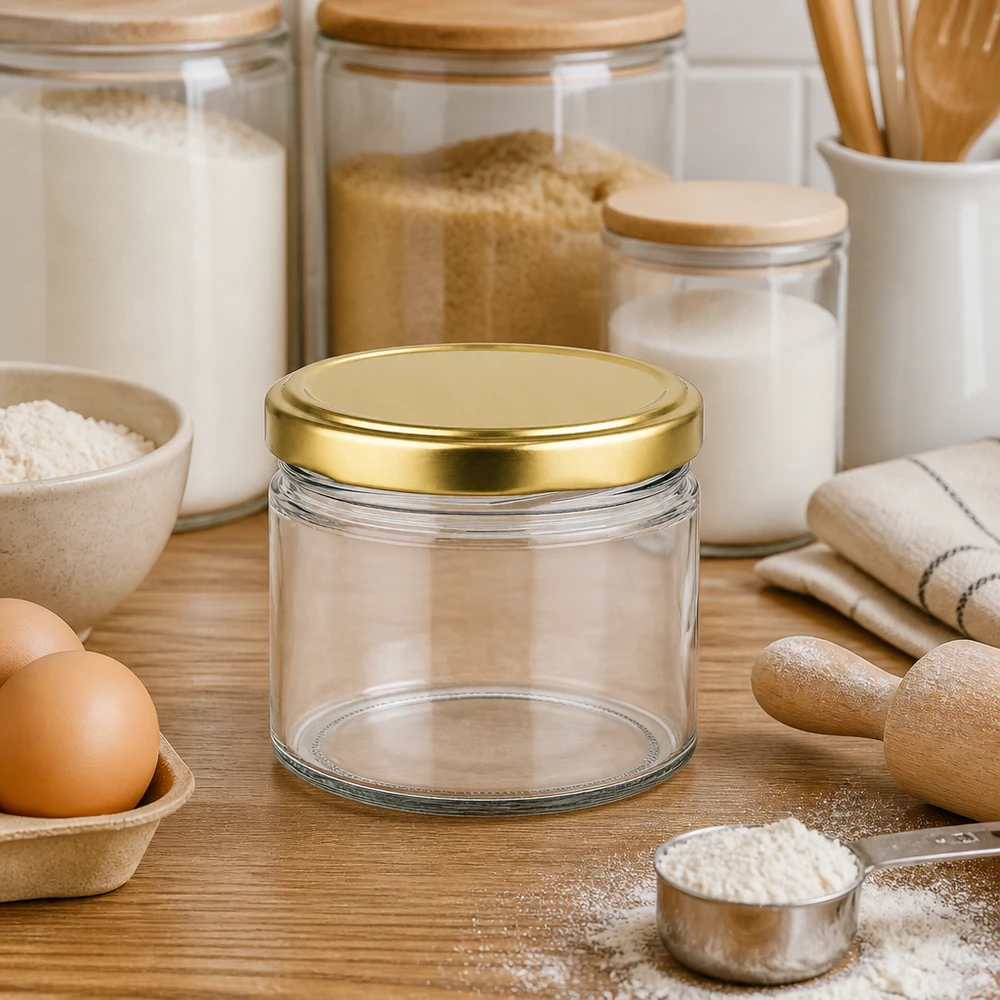 Bocal rond de 540 ml avec couvercle doré BasicSeal dans une cuisine moderne entre les bocaux à provisions et les ingrédients de cuisson