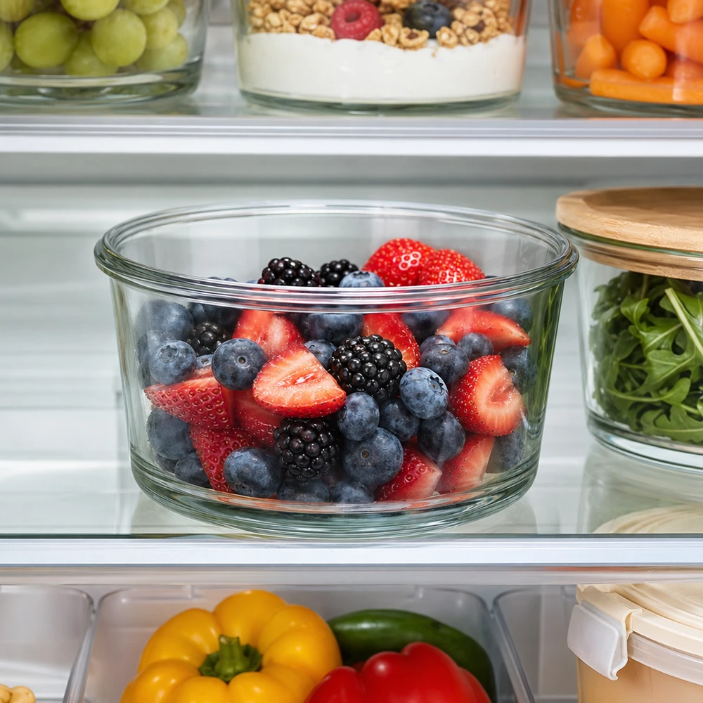 WECK Gourmetglas RR80 165ml dans le réfrigérateur rempli de baies fraîches à côté de légumes et d'autres récipients en verre