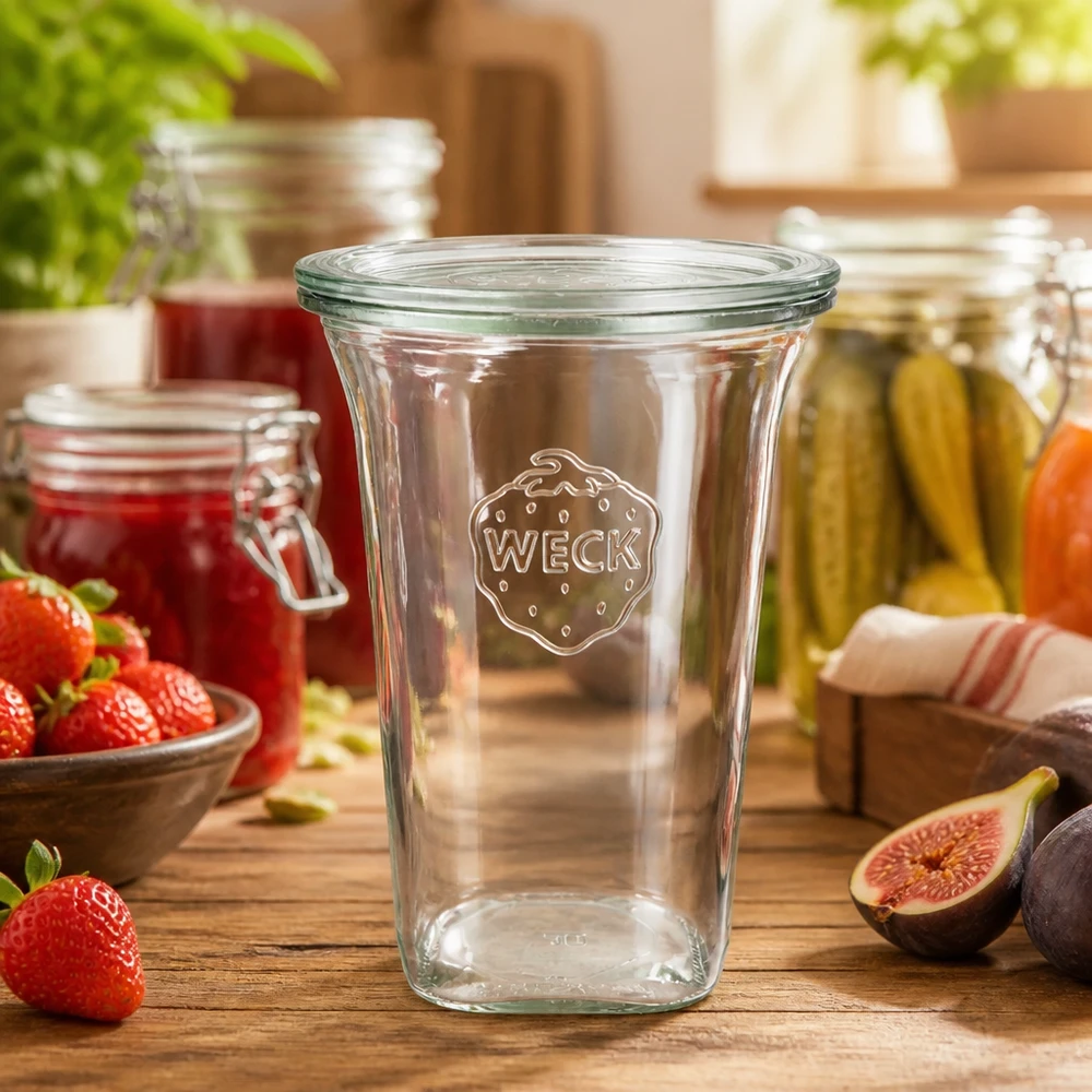 WECK Quadroglass 795ml RR100 dans un environnement de cuisine avec des bocaux de fruits frais et une table en bois Lifestyle