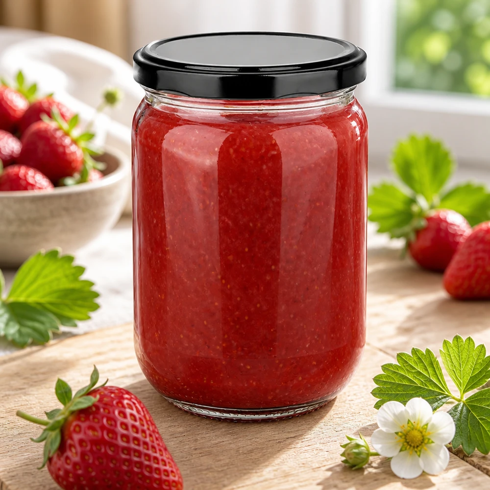 Bocal rond en verre BasicSeal noir de 555 ml pour confitures et marmelades fourrées à la fraise