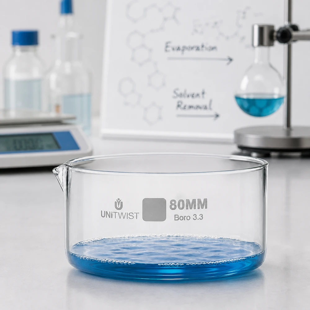 Coupelle d'évaporation plate de 80 mm en Boro 3.3 dans un laboratoire, avec une balance et un ballon d'Erlenmeyer en arrière-plan