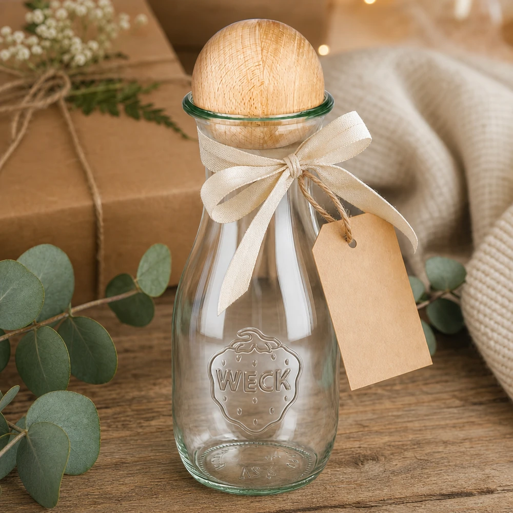530ml Bouteille à jus de fruits WECK RR60 avec boule en bois en hêtre WECK Bouteille de jus 530ml emballée comme cadeau avec un ruban et un pendentif à côté de l'eucalyptus et de la décoration