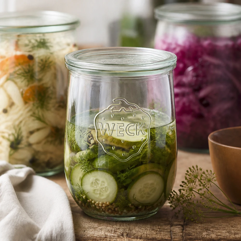 WECK Pot tulipe 1062ml Concombres marinés Aneth Épices Légumes fermentés RR100 Couvercle en verre Conservation