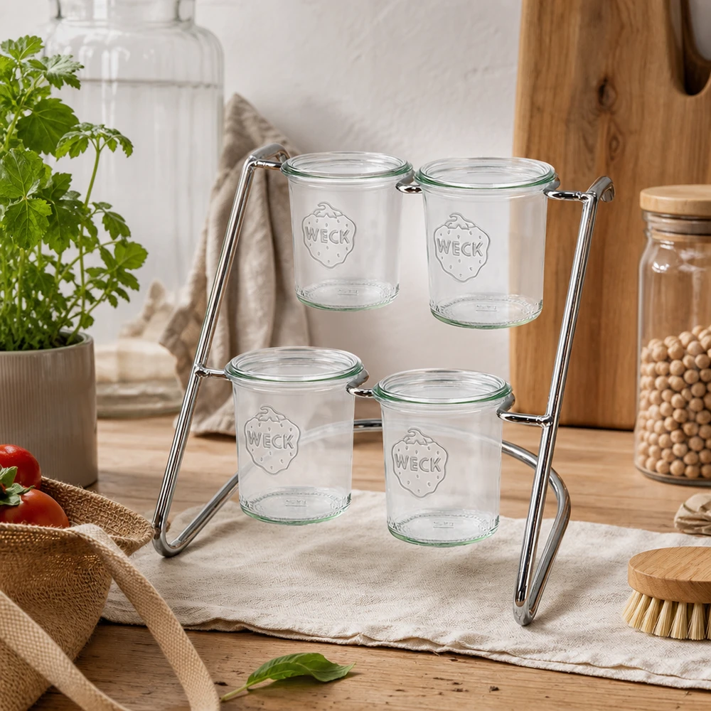 Support de service Flato4 sur table en bois avec verres WECK vides - design minimaliste pour une décoration de cuisine naturelle