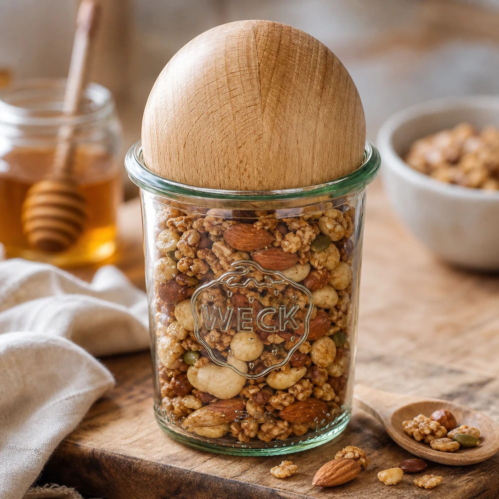 WECK Verre renversé RR60 160ml avec boule de hêtre remplie de noix, disposée de manière décorative sur une planche en bois avec du miel