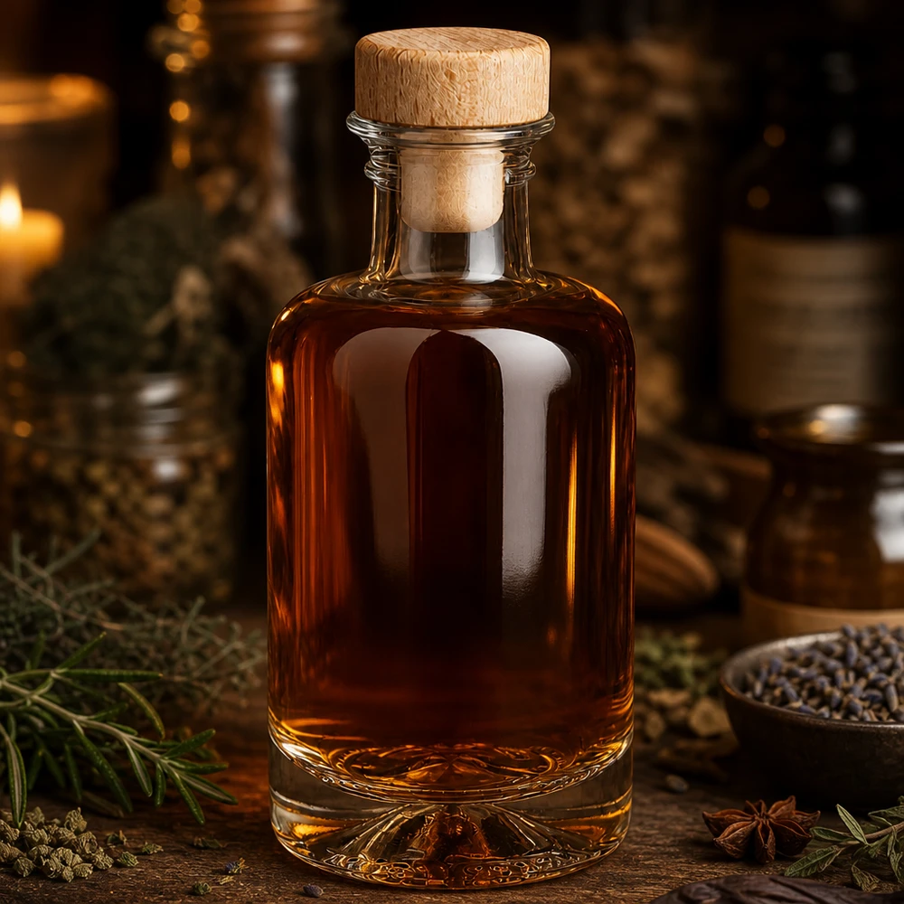 Flacon à pharmacie « Sofia » 100 ml avec bouchon en bois UNiTWIST® 100ml Glasflasche Sofia mit Holzkorken gefüllt mit bernsteinfarbener Flüssigkeit zwischen Gewürzen und Kräutern Destille