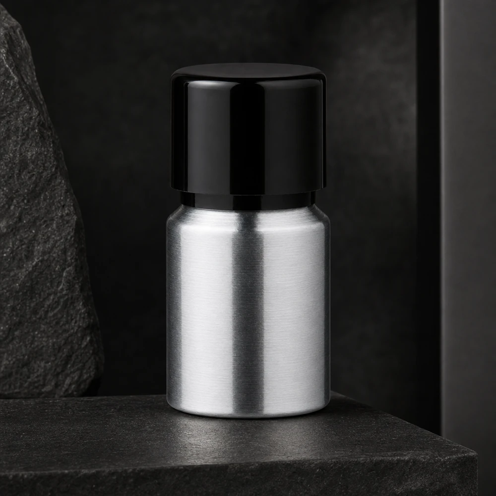 Bouteille en aluminium poncé 10 ml, avec bouchon à vis noir et joint conique Bouteille métallique stylée de 10 ml avec design bicolore noir-argent pour produits premium