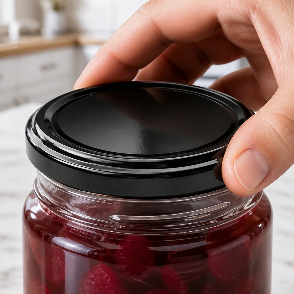 TO48 Couvercle métallique UNiTWIST noir sans BPA, fermeture BioSeal pour bocal de conserve contenant des fruits