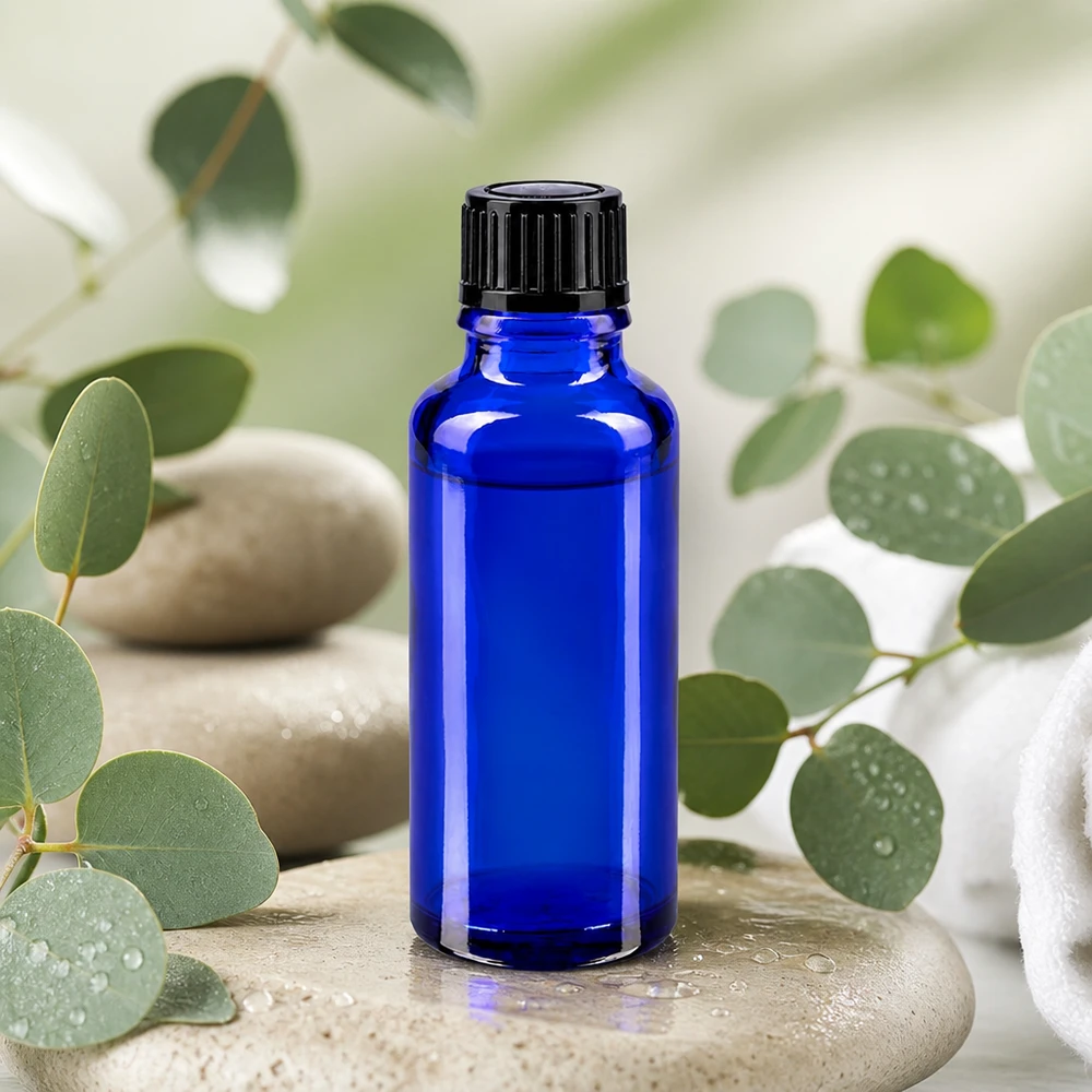 Flacon de pharmacie bleu 30ml bouchon vissable noir std Flacon en verre bleu de 30 ml pour huiles essentielles, orné de brindilles d'eucalyptus et de pierres de spa