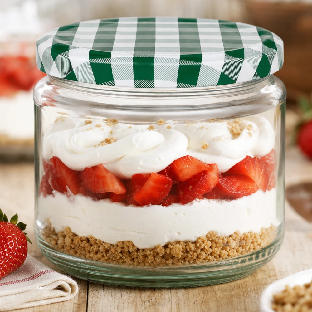 Verre rond de 330ml comme verre à dessert avec dessert stratifié à la fraise et à la crème, couvercle BasicSeal vert et blanc, parfait en verre