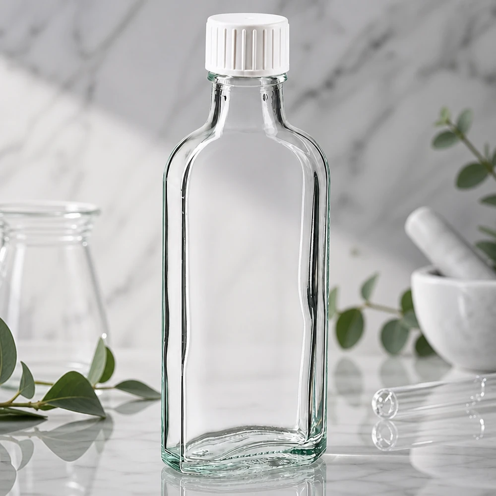 Flacon de pharmacie transparent de 100 ml en forme de flacon de poche, avec bouchon à vis et doseur