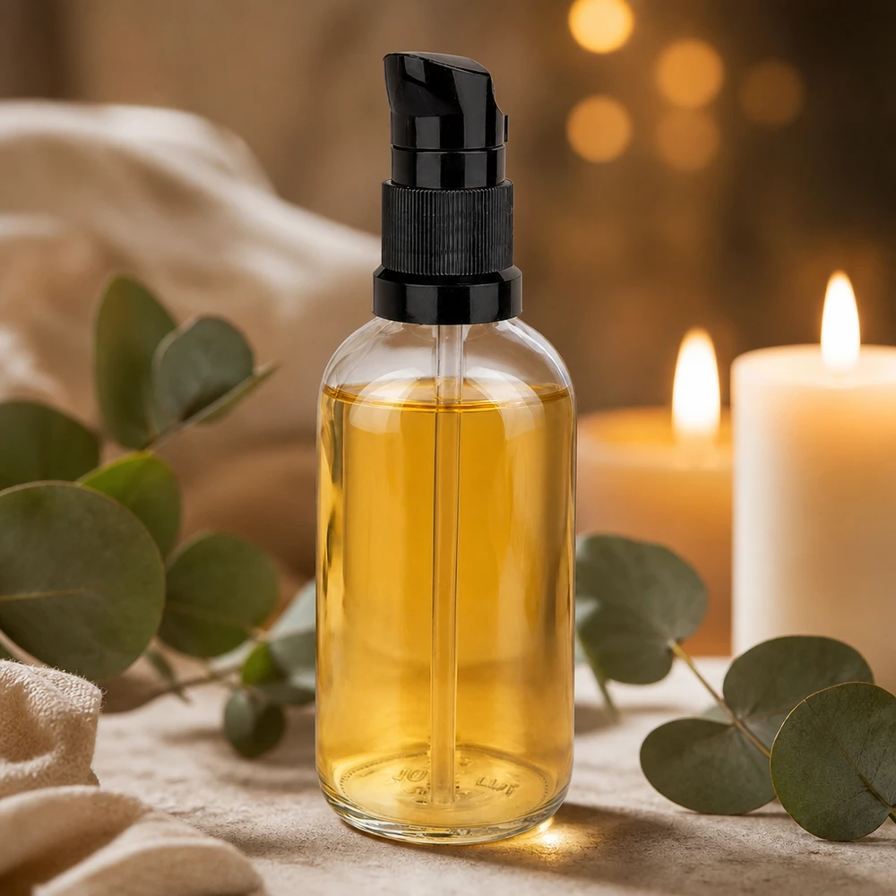 Flacon pompe 100ml noir STD ClearLine UT18/100 Flacon en verre transparent de 100 ml avec pompe à lotion noire, huile jaune doré « Eucalyptus Spa Ambiente »