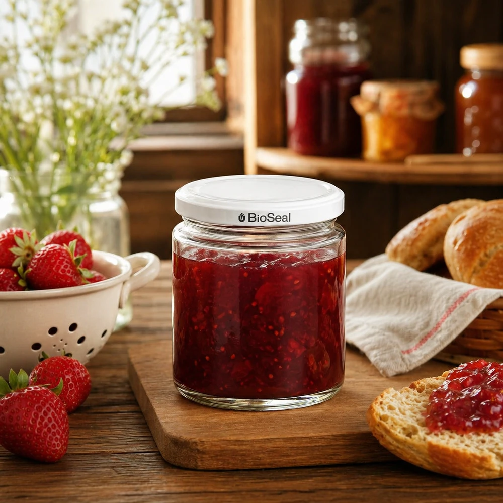 Pot de miel de 250 ml avec couvercle BioSeal rempli de confiture de fraises sur une planche en bois à côté de fraises fraîches et de pain