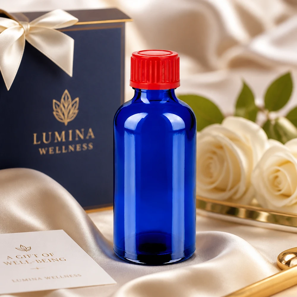 Flacon de 50ml 11mm SV rouge STD BlueLine UT18/50 Bouteille cosmétique 50ml en bleu élégant avec bouchon rotatif rouge ergonomique 11mm