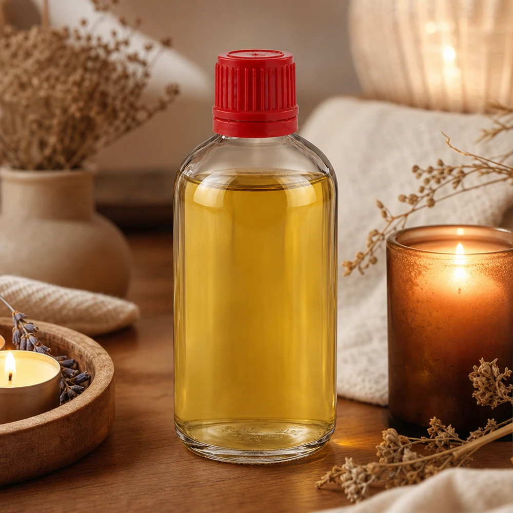 Flacon 100ml 11mm SV rouge OV ClearLine UT18/100 Flacon en verre ClearLine de 100 ml contenant de l'huile jaune et muni d'un bouchon d'origine rouge, dans une ambiance spa