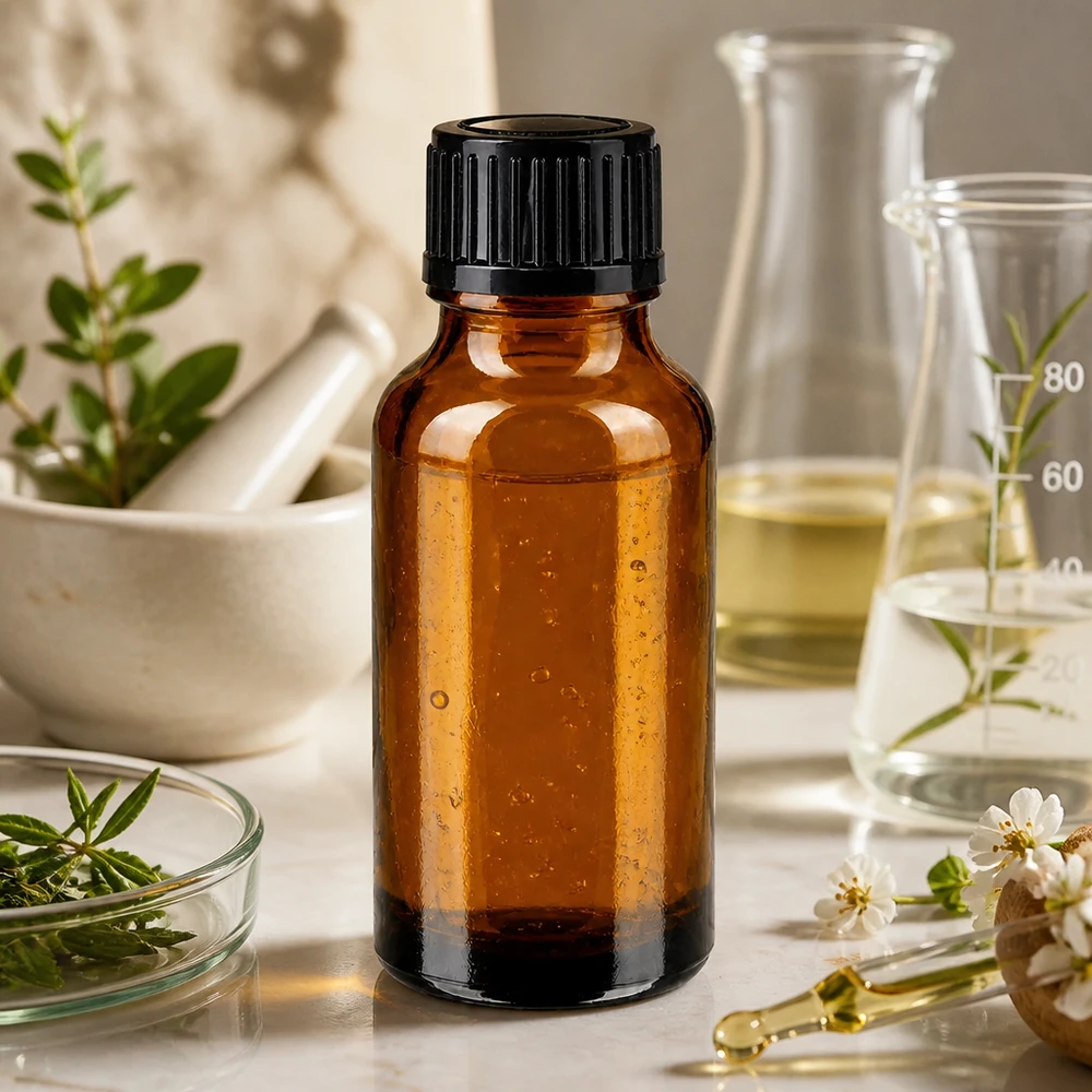 Flacon de pharmacie de 20 ml en verre ambré, muni d'une pipette et orné de fleurs blanches sur fond de marbre
