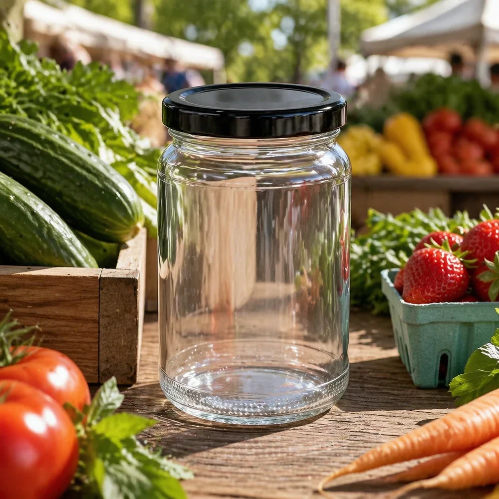 UNiTWIST Verre rond 110ml avec couvercle TO48 noir sur stand de marché parmi les fruits et légumes frais