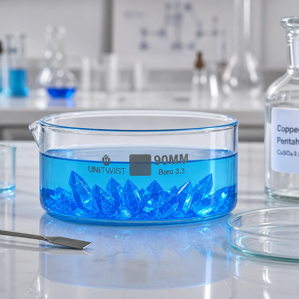 Cristallisoir ø90mm verre borosilicaté UNiTWIST Des cristaux bleus se forment dans un plat en verre plat UNiTWIST Boro 3.3 de 90 mm de diamètre