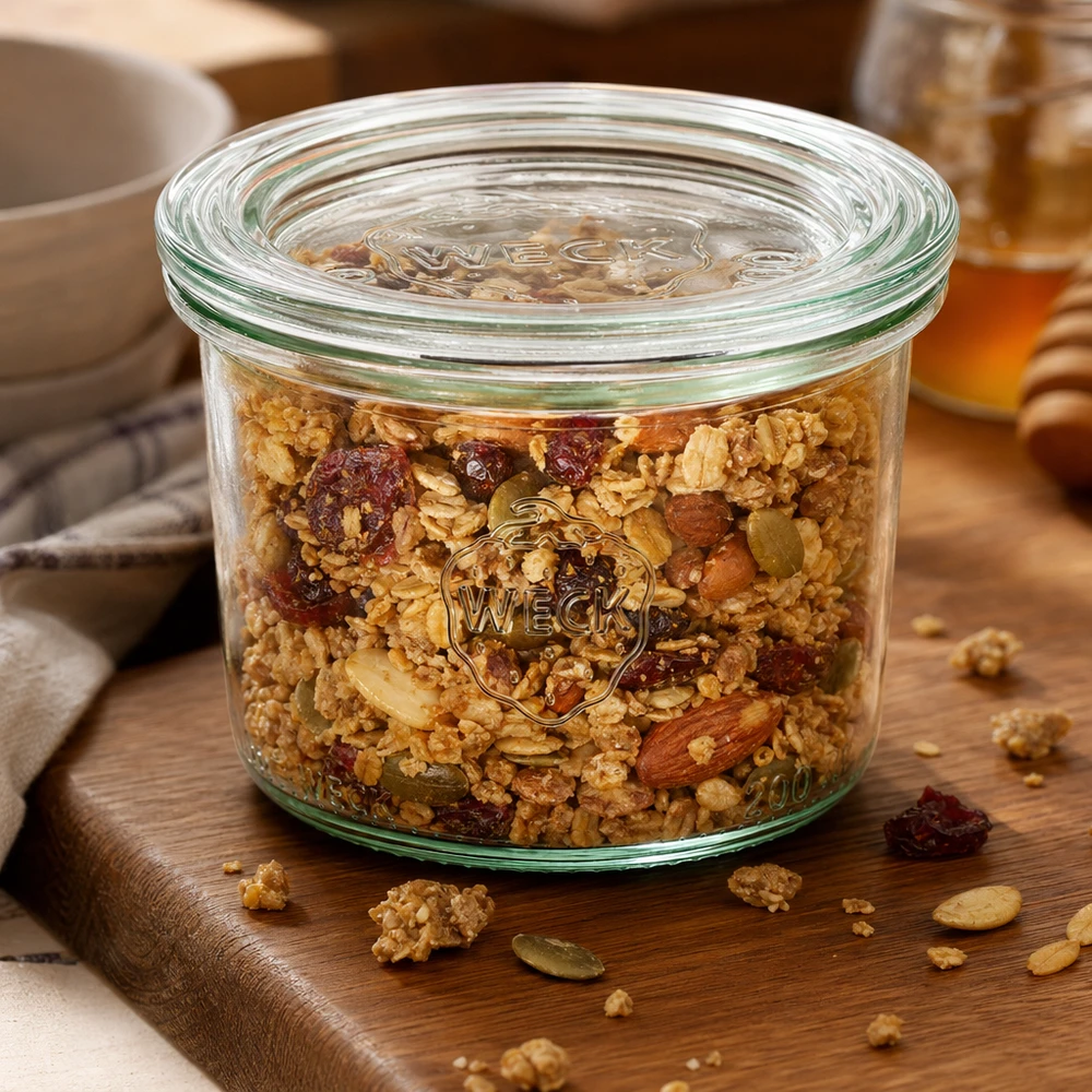 WECK Pot renversé 200ml RR80 rempli de céréales et de noix sur planche en bois montre une conservation pratique des aliments