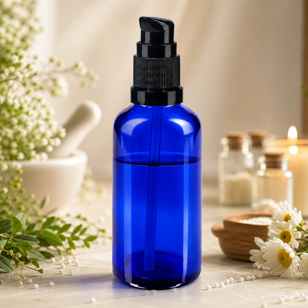 Flacon en verre bleu cobalt de 50 ml muni d'un bouchon-pompe noir, entouré d'herbes naturelles