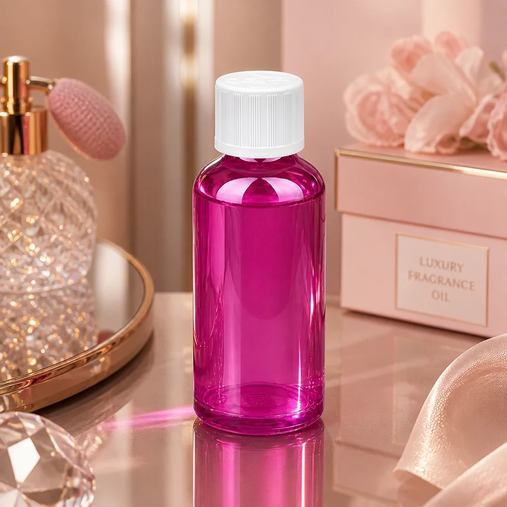 Flacon 50ml bouchon à vis 11mm blanc standard sécurité enfant PurpleLine UT18/50 Bouteille design stylée de 50 ml en finition magenta avec bouchon blanc