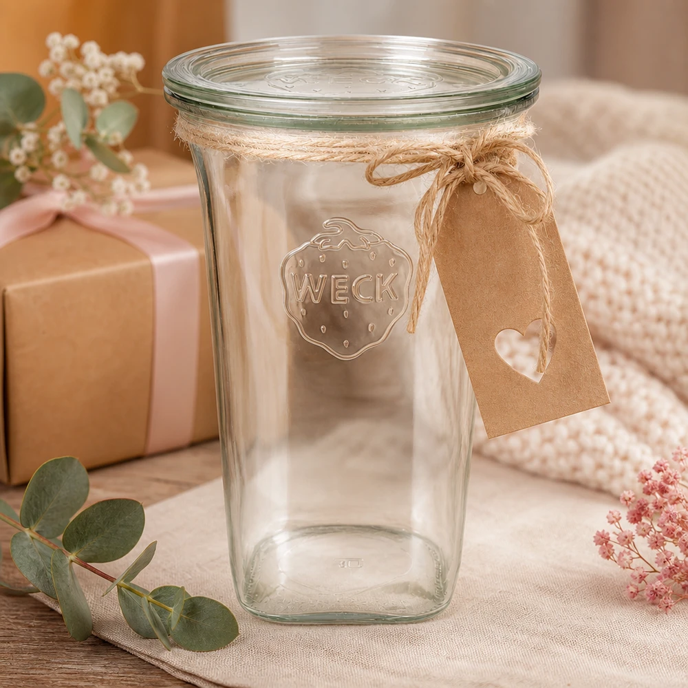 WECK 795ml Quadroglass RR100 vide avec pendentif en papier kraft et noeud en jute comme idée de cadeau à côté de la décoration