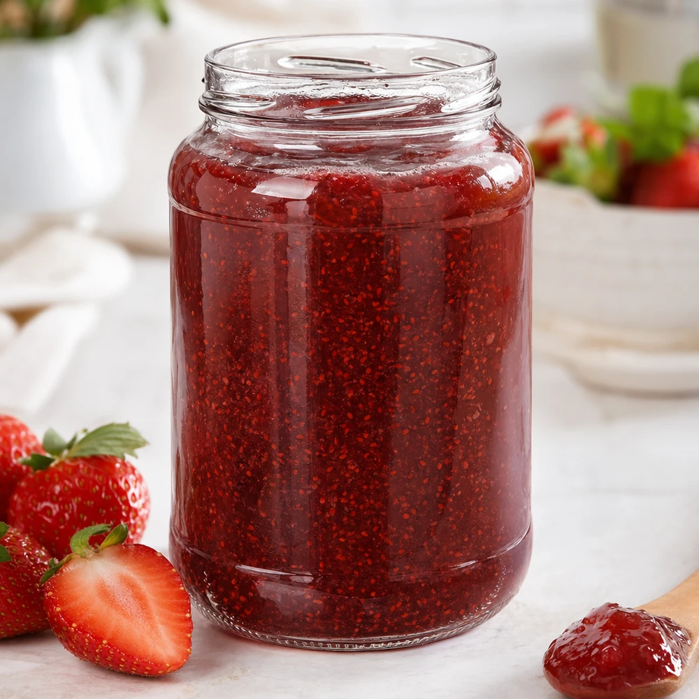 UNiTWIST Runda1700 Verre renversé 1700ml TO100 avec confiture de fraises maison fraises fraîches table petit déjeuner blanc