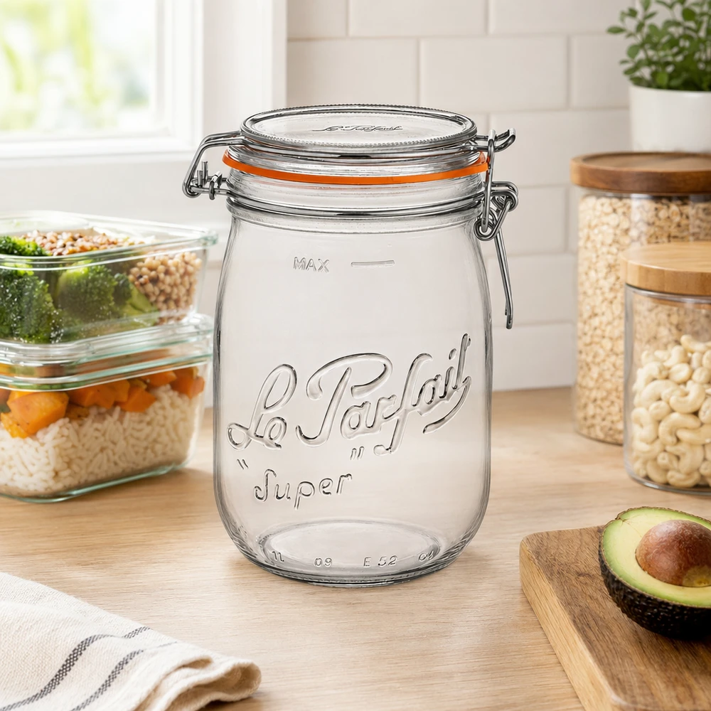 Bocal Le Parfait® 1 L Ø85 mm conserve 1000ml Le Parfait Super bocal de stockage avec fermeture à étrier dans la cuisine moderne à côté de l'avocat et d'autres récipients de stockage