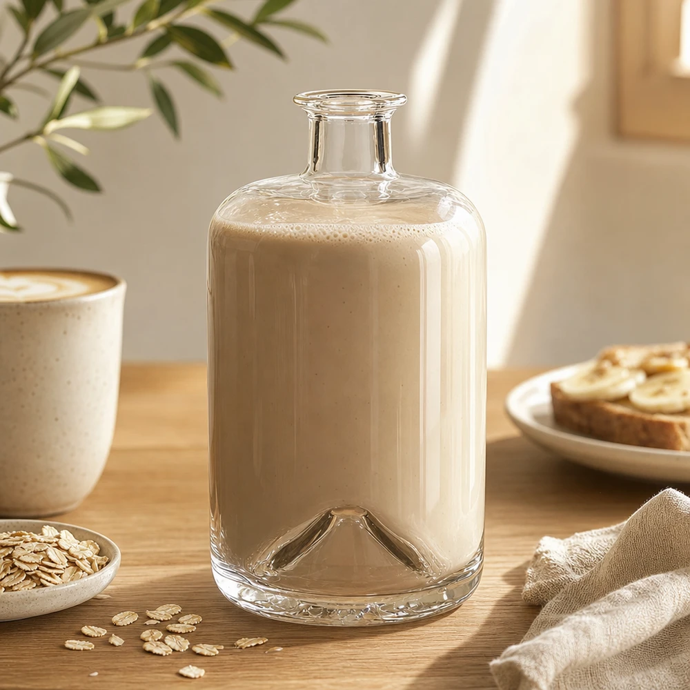 Flacon à pharmacie « Sofia » 700 ml sans bouchon UNiTWIST® Bouteille en verre de 700 ml Sofia remplie de lait d'avoine sur une table en bois à côté de flocons d'avoine et d'une tasse de café Prise de vue Lifestyle